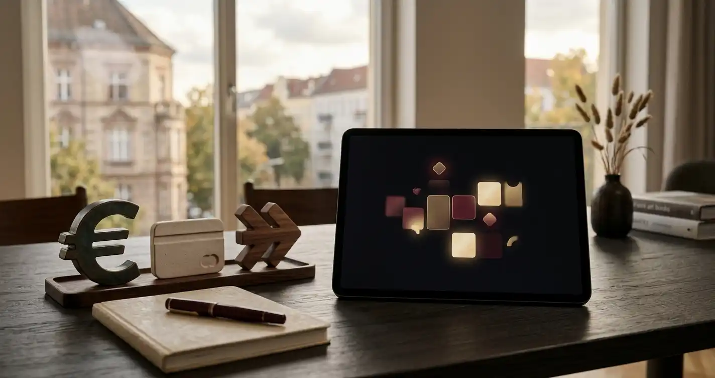 Abstrakte Spielsymbole neben Smartphone und digitalen Zahlungsmotiven