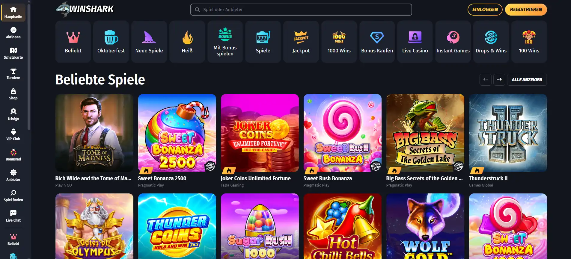WinShark-Startseite mit Casino-Navigation und Spieleübersicht