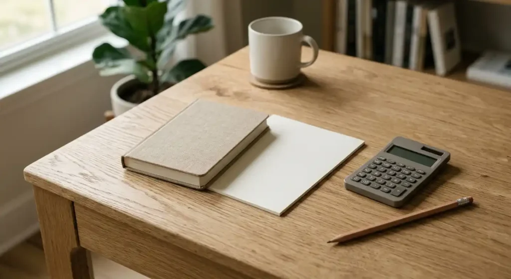 Notizbuch mit Rechenbeispiel neben neutralem Taschenrechner
