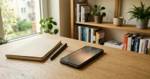 Smartphone neben geschlossenem Notizbuch und Stift auf einem Tisch