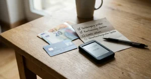 Bankkarte und digitale Geldbörse auf einem Holztisch